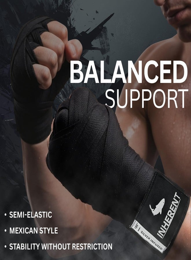 INHERENT Boxing Hand Wraps 180” (4.5M) Anti-Odor Technology Silver-Infused, Semi-Elastic Support, Premium Hook & Loop Closure, Thumb Loop UP Label - Martial Arts & MMA Training Inner Gloves (Black) - Image 3