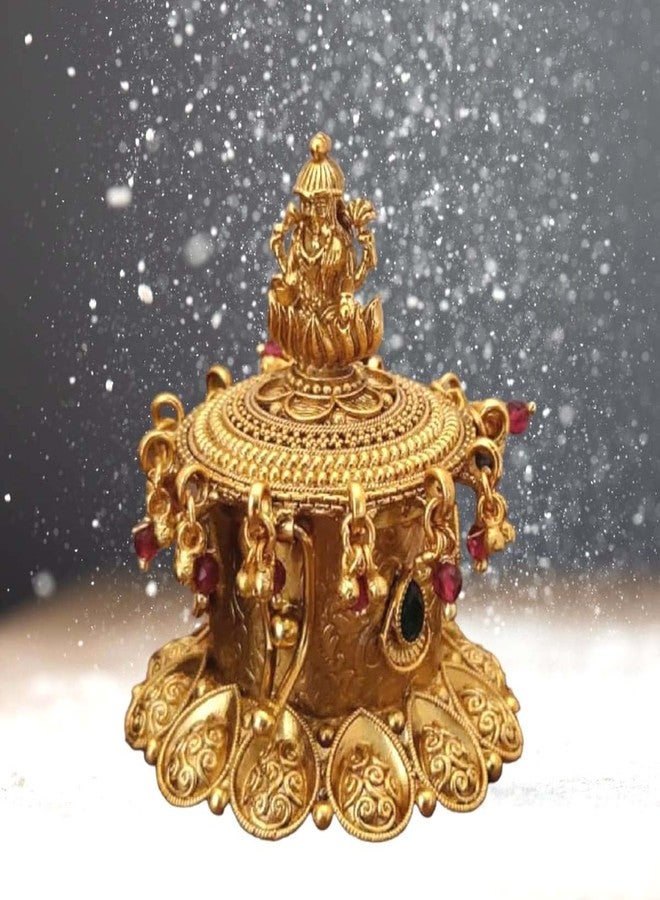 Denique Brass Sindoor Box Gold Plated Sidoor Pot Gold sindoor Dani/Wedding Gift/Pooja Accessory/Kumkum Dabbi,(OM) Laxmi Kempu StoneLatkan - Image 2