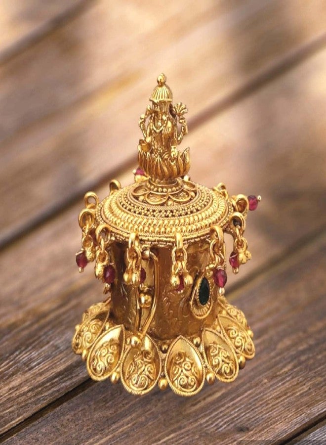 Denique Brass Sindoor Box Gold Plated Sidoor Pot Gold sindoor Dani/Wedding Gift/Pooja Accessory/Kumkum Dabbi,(OM) Laxmi Kempu StoneLatkan - Image 4