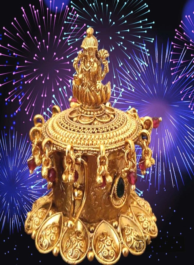 Denique Brass Sindoor Box Gold Plated Sidoor Pot Gold sindoor Dani/Wedding Gift/Pooja Accessory/Kumkum Dabbi,(OM) Laxmi Kempu StoneLatkan - Image 1