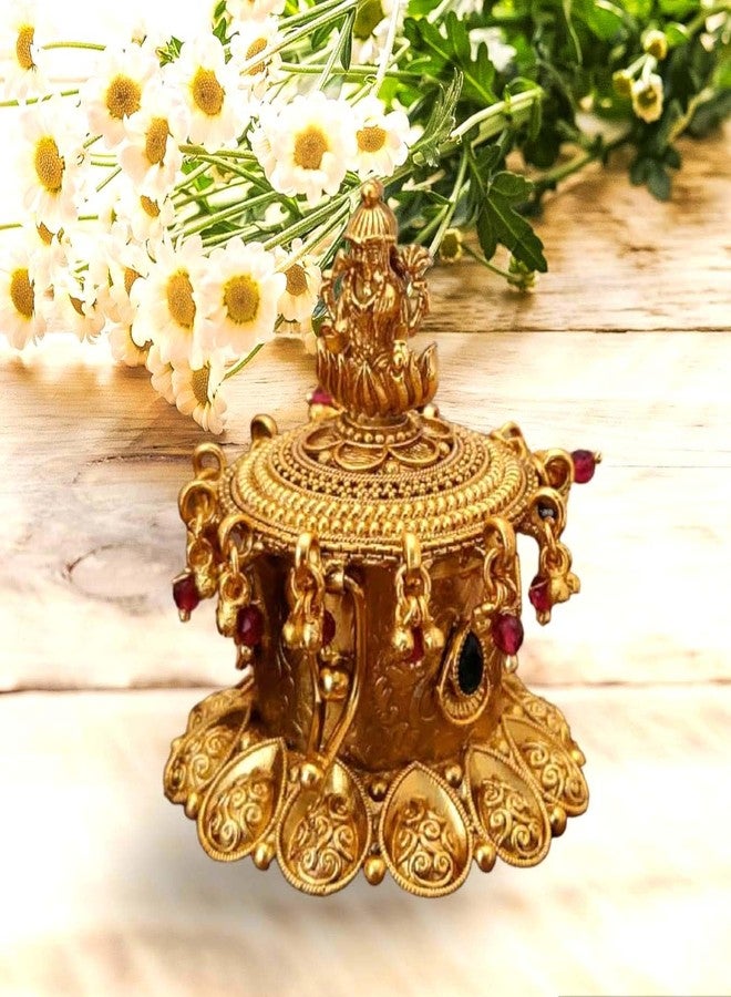 Denique Brass Sindoor Box Gold Plated Sidoor Pot Gold sindoor Dani/Wedding Gift/Pooja Accessory/Kumkum Dabbi,(OM) Laxmi Kempu StoneLatkan - Image 3