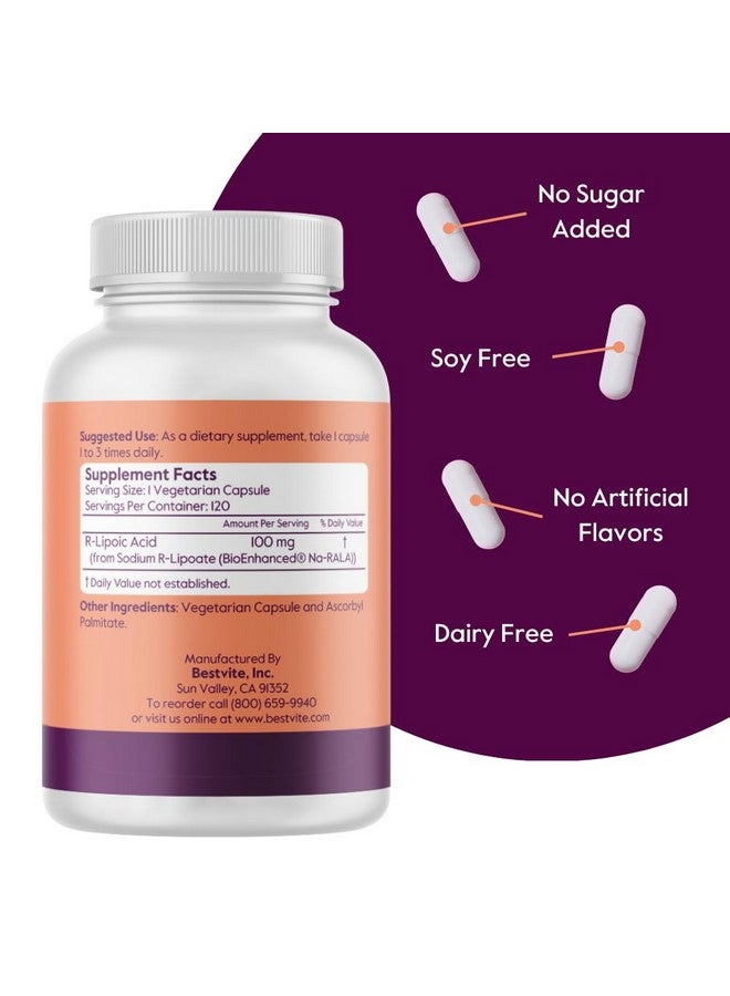 BESTVITE R-Lipoic Acid 100mg Stabilized with Bio-Enhanced® Na-RLA (120 Vegetarian Capsules) No Stearates - No Flow Agents - Vegan - Non-GMO - Gluten Free - Image 2