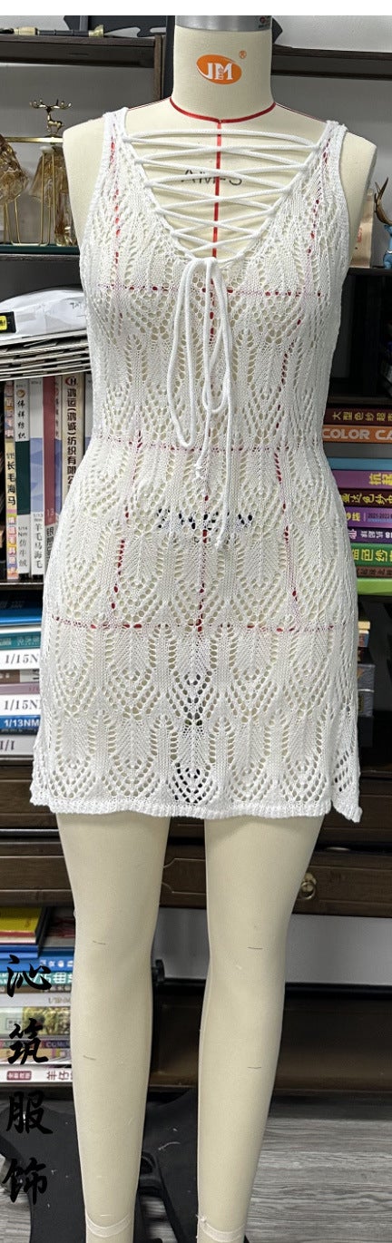 Generic European Style New Beach Blouse Seaside Vacation Style Outer Hook Mesh Blouse Womens Sleeveless Hollow Sunscreen Skirt White 