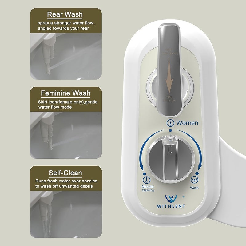WITHLENT Left Handed Bidet Attachment for Toilet - Self-Cleaning control panel on left side Dual Nozzle (Frontal & Rear Wash) Non-Electric Adjustable Water Pressure, Water Bidet Toilet Seat Attachment - Image 2
