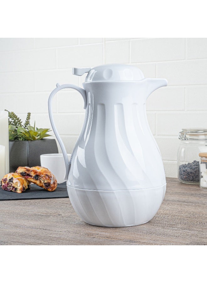 Restaurantware Restpresso 64 Ounce Coffee Carafes, 10 Insulated Coffee Servers - Push-Button Top, Swirl Design, White Plastic Coffee Pitchers, Built-In Handle, With Identification Tags  - Image 4