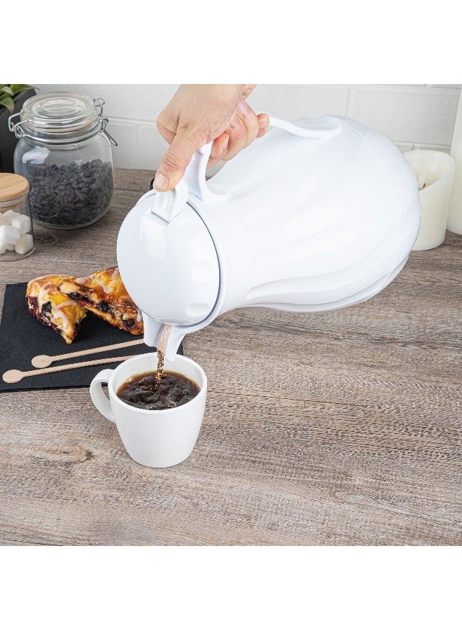 Restaurantware Restpresso 64 Ounce Coffee Carafes, 10 Insulated Coffee Servers - Push-Button Top, Swirl Design, White Plastic Coffee Pitchers, Built-In Handle, With Identification Tags  - Image 5