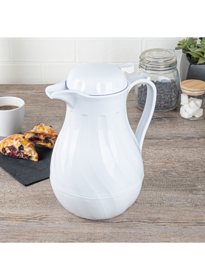Restaurantware Restpresso 64 Ounce Coffee Carafes, 10 Insulated Coffee Servers - Push-Button Top, Swirl Design, White Plastic Coffee Pitchers, Built-In Handle, With Identification Tags  - Image 3