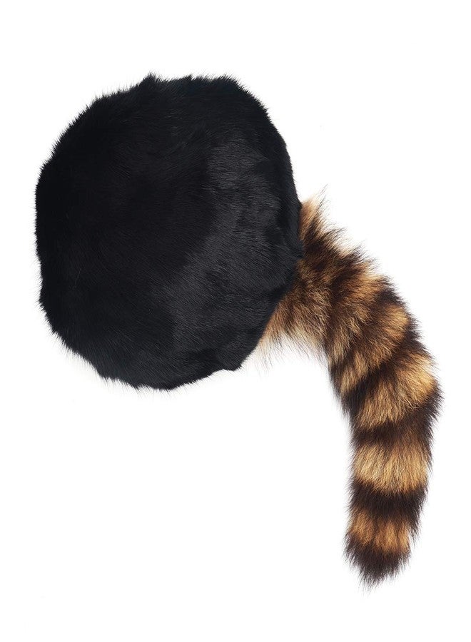 surell - Coonskin Davy Crockett Hat - Real Rabbit Fur Crown with Genuine Raccoon Tail - Classic Western Style Daniel Boone Outdoorsman Adventure Cap Costume - Fun Wild West Cabin Décor Hat (Black) - Image 2
