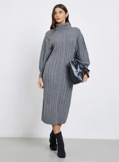 Styli Grey Cable Knit Sweater Midi Dress