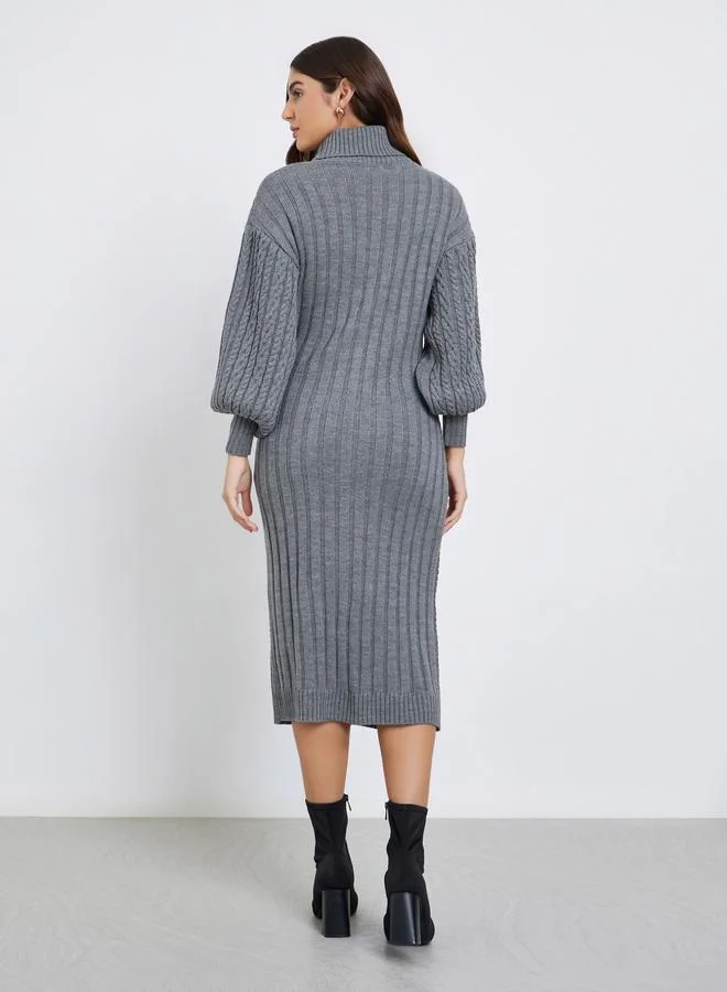 Styli Grey Cable Knit Sweater Midi Dress