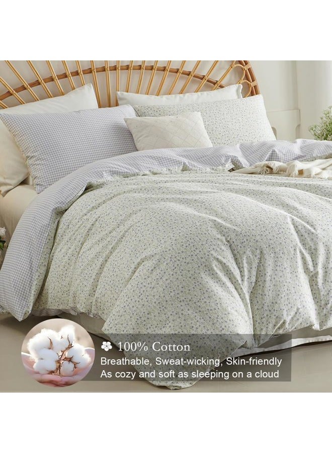 CCoutueChen Floral Duvet Cover Queen Beige 100% Cotton Duvet Cover Set for Girls Kids Garden Botanical Green Leaf Bedding Set Soft Breathable Flower Butterfly Bedding with 2 Pillowcases(No Comforter - Image 3