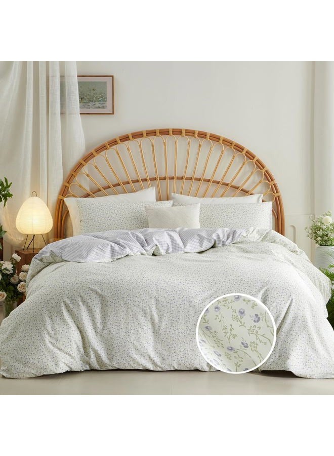 CCoutueChen Floral Duvet Cover Queen Beige 100% Cotton Duvet Cover Set for Girls Kids Garden Botanical Green Leaf Bedding Set Soft Breathable Flower Butterfly Bedding with 2 Pillowcases(No Comforter - Image 2