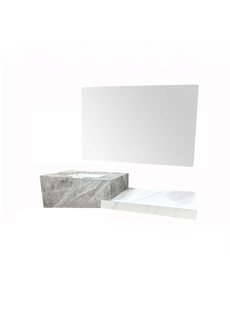 DANUBE HOME Milano Sintered Stone Vanity Cabinet with Mirror – Modern Wall-Mounted Bathroom Sink Unit with Durable Stone Top, LED Mirror & Storage Drawers L80 x W50 x H35 cm Grey - Image 1