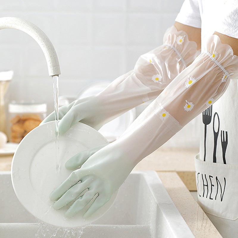 Thick Dishwashing Gloves for Women Two-Tone Green Ruffled Daisy Two-Tone Green Ruffled Daisy