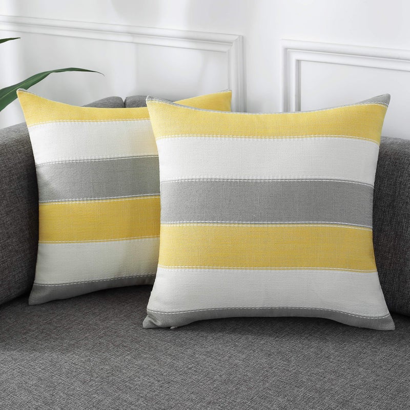 AmHoo Pack of 2 Farmhouse Stripe Check Throw Pillow Covers Set Case Cotton Linen Decorative Pillowcases Cushion Cover for Couch Bench Sofa 16x16Inch Yellow Beige