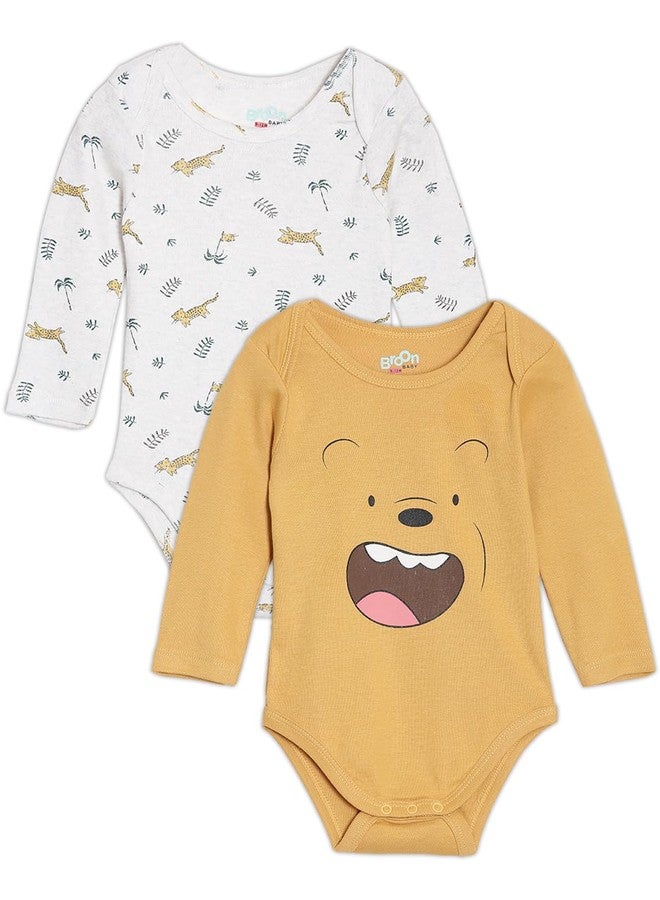 Broon Boys & Girls White and Mustard Printed Rompers | Premium Organic Cotton | Full Sleeves with Print and Embroidery | Infant Wear | Chemical Free | Pack of 2 - Image 1