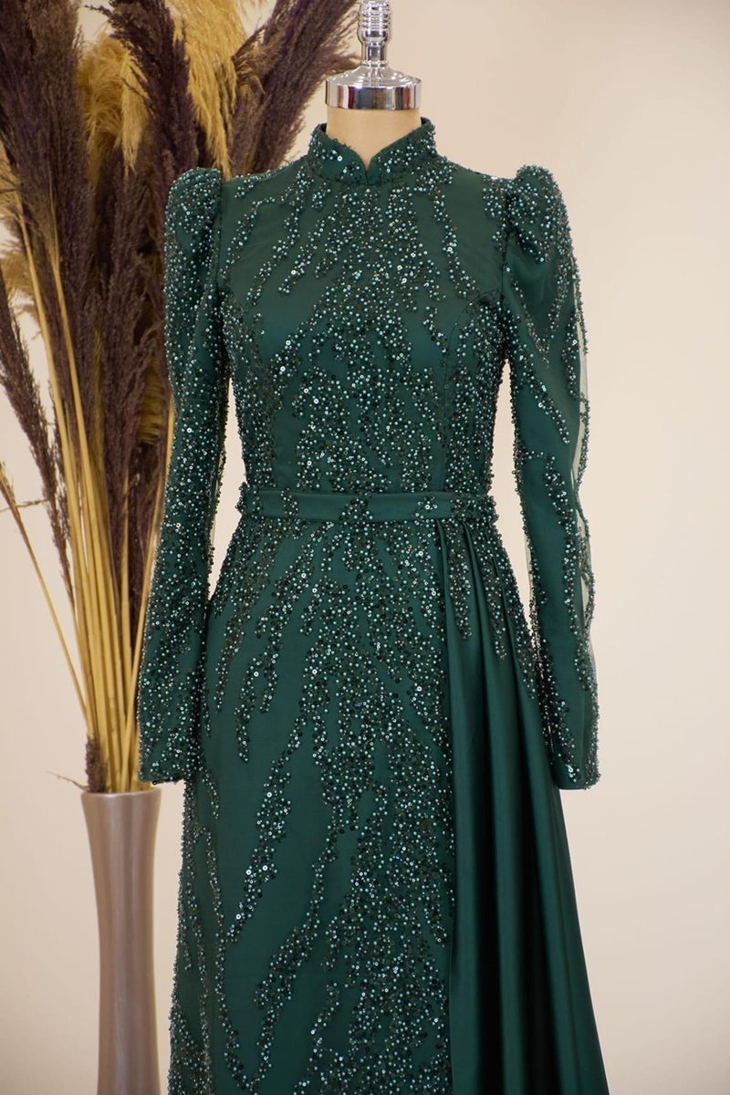 Esilanur Skirt with Pendulum Beaded Embroidered Satin Seçil Modest Evening Dress Emerald  - Image 2