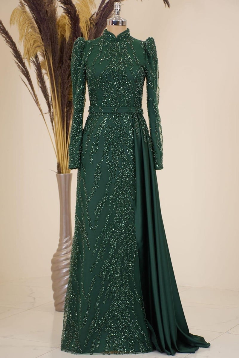 Esilanur Skirt with Pendulum Beaded Embroidered Satin Seçil Modest Evening Dress Emerald  - Image 1