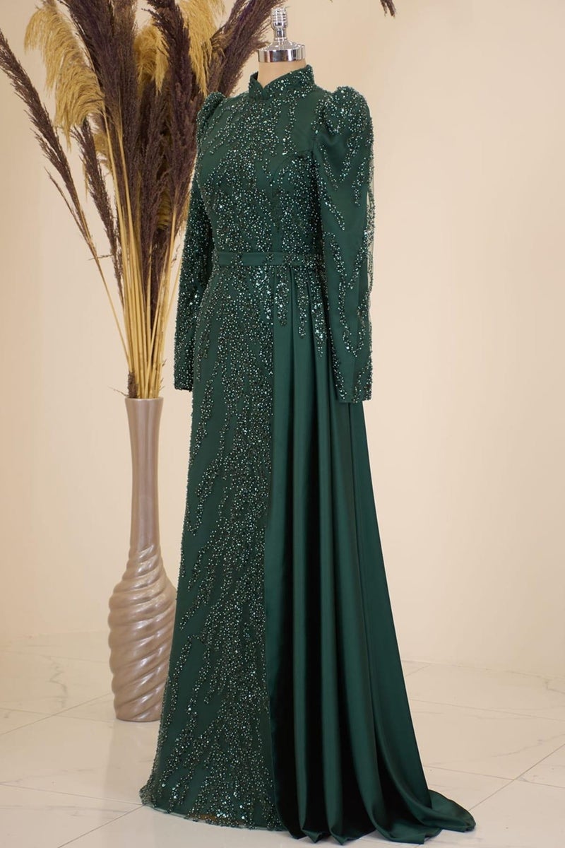 Esilanur Skirt with Pendulum Beaded Embroidered Satin Seçil Modest Evening Dress Emerald  - Image 3