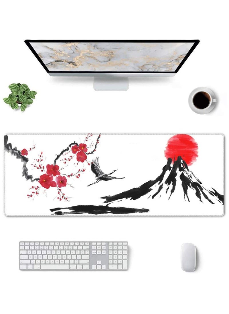 Generic - Japanese Cherry Blossom Large Gaming Mouse Pad, Extended Mousepad with Fuji Mountain, Japanes Crane Bird and Sunset White ( 70x30x2mm ) - Image 1