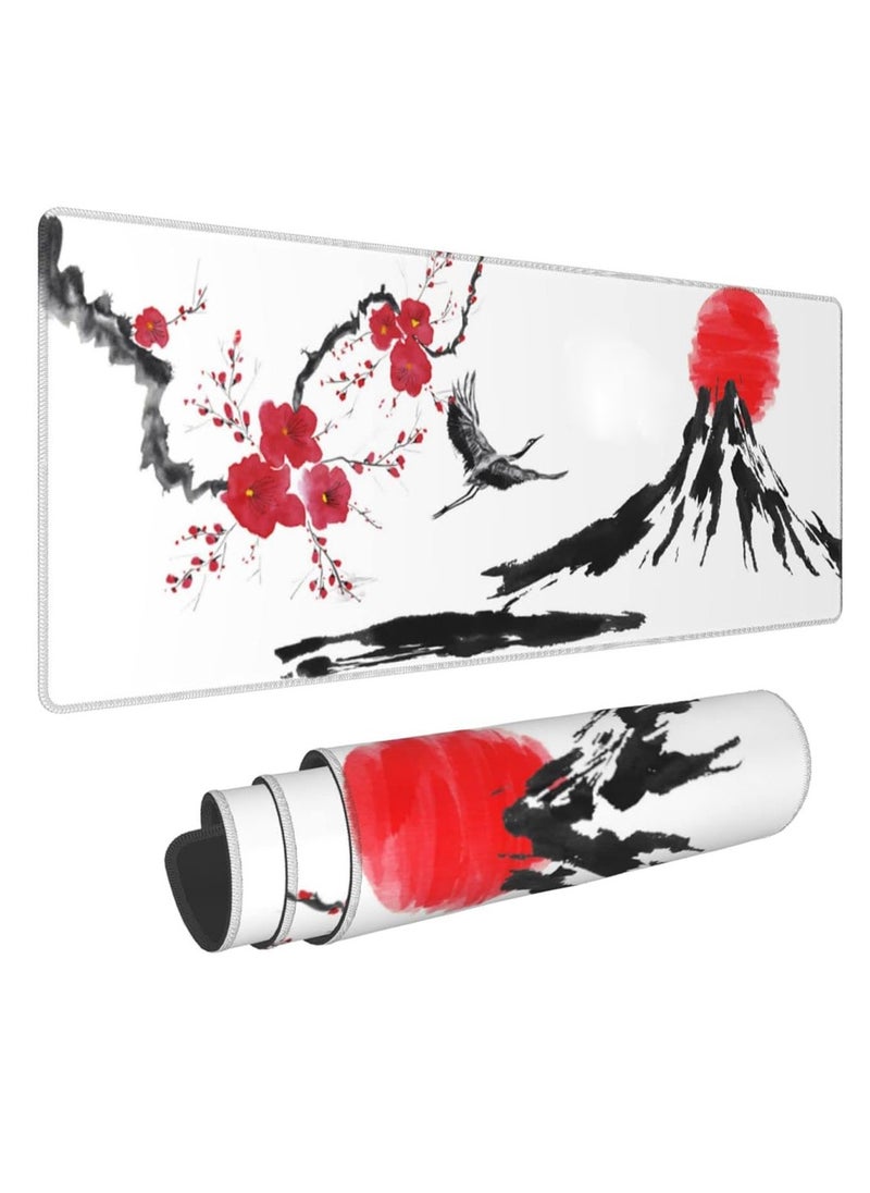 Generic - Japanese Cherry Blossom Large Gaming Mouse Pad, Extended Mousepad with Fuji Mountain, Japanes Crane Bird and Sunset White ( 70x30x2mm ) - Image 1