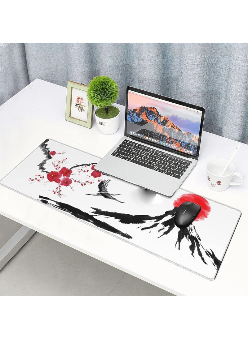 Generic - Japanese Cherry Blossom Large Gaming Mouse Pad, Extended Mousepad with Fuji Mountain, Japanes Crane Bird and Sunset White ( 70x30x2mm ) - Image 1