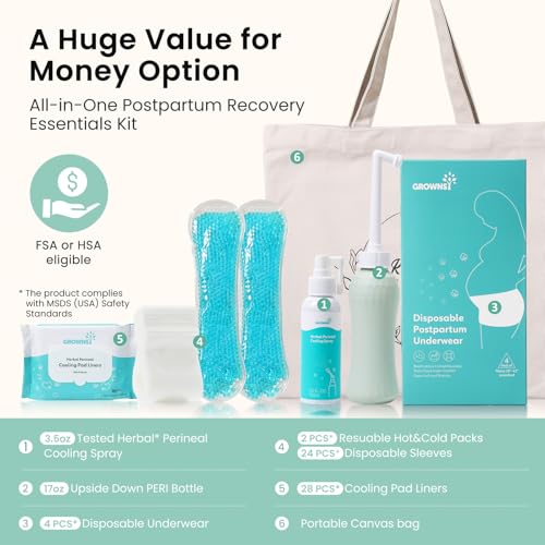 Grownsy Postpartum Essentials Recovery Kit for Labor & Delivery | Postpartum Kit for Women | Includes Upside Down Peri Bottle, Perineal Spray, 28 Cooling Pad Liners,2 Ice Packs &4 Disposable Underwear - Image 2