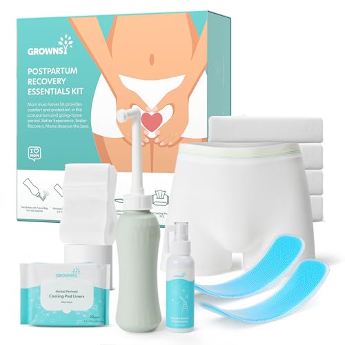 Grownsy Postpartum Essentials Recovery Kit for Labor & Delivery | Postpartum Kit for Women | Includes Upside Down Peri Bottle, Perineal Spray, 28 Cooling Pad Liners,2 Ice Packs &4 Disposable Underwear - Image 1