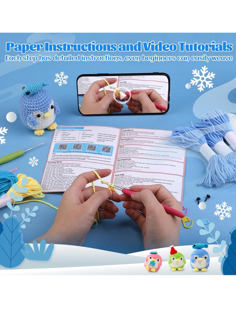 SYOSI - Beginners Crochet Kit Adults and Kids Beginners Crochet Kit Complete Set to Make 3 Penguin Stress Relieving Craft Idea Gift | with Step by Step Instruction Video Complete Material Pack - Image 1