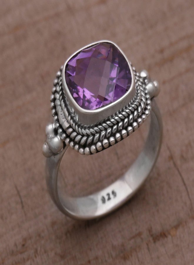 NOVICA Artisan Handmade Amethyst Cocktail Ring Sterling Silver from Bali Purple Single Stone Indonesia Ultra Violet Birthstone [crownbezel 0.6 in H x 0.8 in W x 0.2 in D Band Width 4 mm W] ' Purple - Image 2