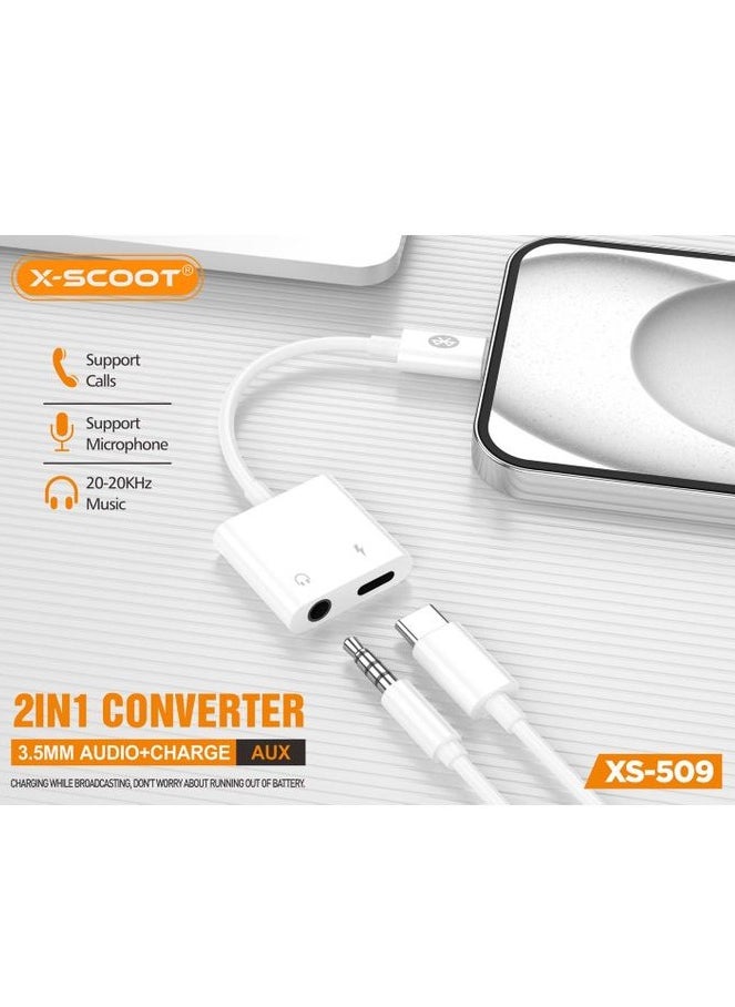 X-SCOOT XS-509 Fast Charging - 2 In 1 Converter - 3.5MM Audio + charger - White  - Image 1