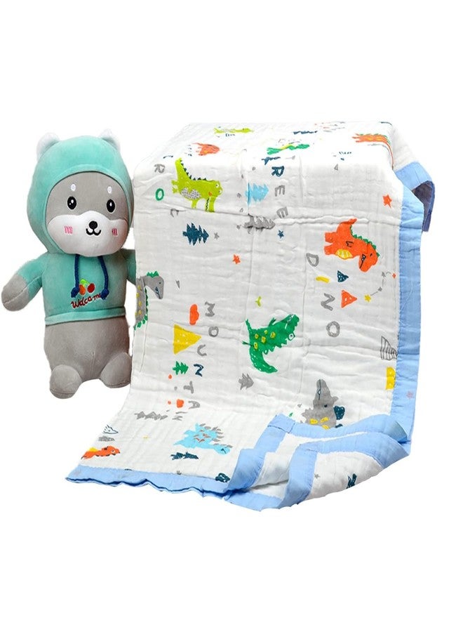 فوي دروب بطانية موسلين للأطفال من VOIDROP مكونة من 6 طبقات - 110 × 110 سم، مصنوعة من القطن العضوي بنقشة ديناصورات، ناعمة وجيدة التهوية للأطفال حديثي الولادة والأطفال الصغار - حافة زرقاء، لفافة خفيفة الوزن متعددة الألوان (نقشة ديناصورات) - Image 3