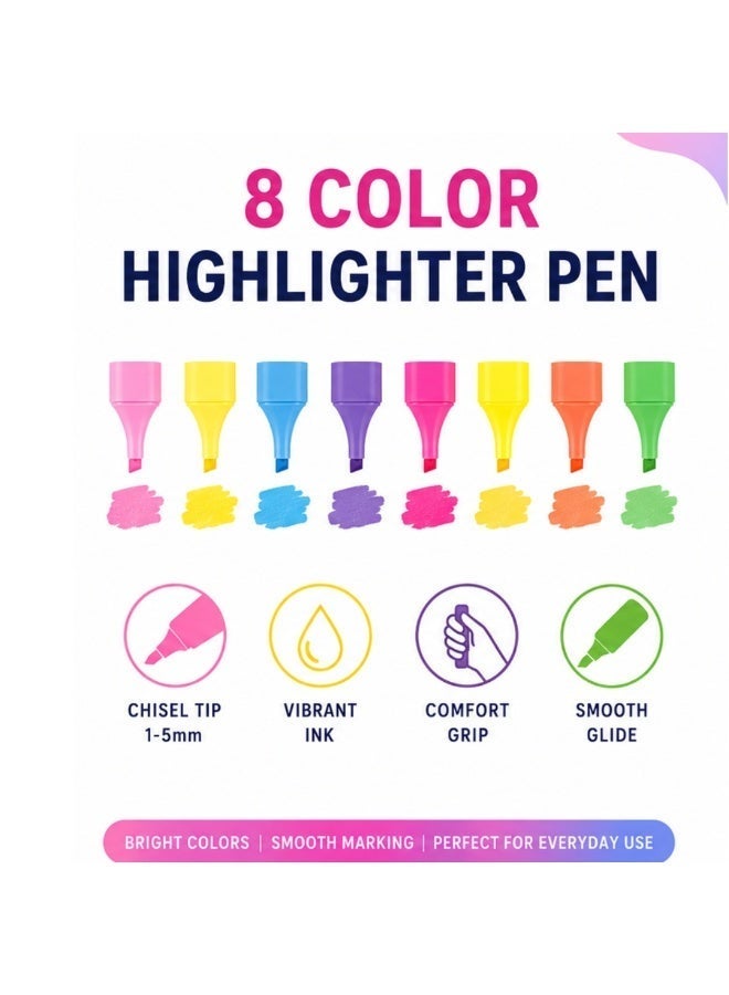 Lukadah Set of 8 Highlighter Pens – Fluorescent Chisel Tip Highlighter Markers, Quick Dry Smooth Ink for School, Office & Study Notes, Ideal for Books, Journals, Planners & Documents, Multicolour - Image 2