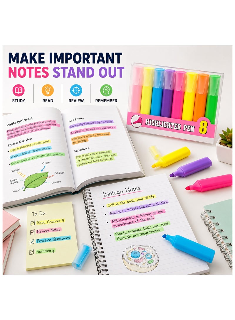 Lukadah Set of 8 Highlighter Pens – Fluorescent Chisel Tip Highlighter Markers, Quick Dry Smooth Ink for School, Office & Study Notes, Ideal for Books, Journals, Planners & Documents, Multicolour - Image 4