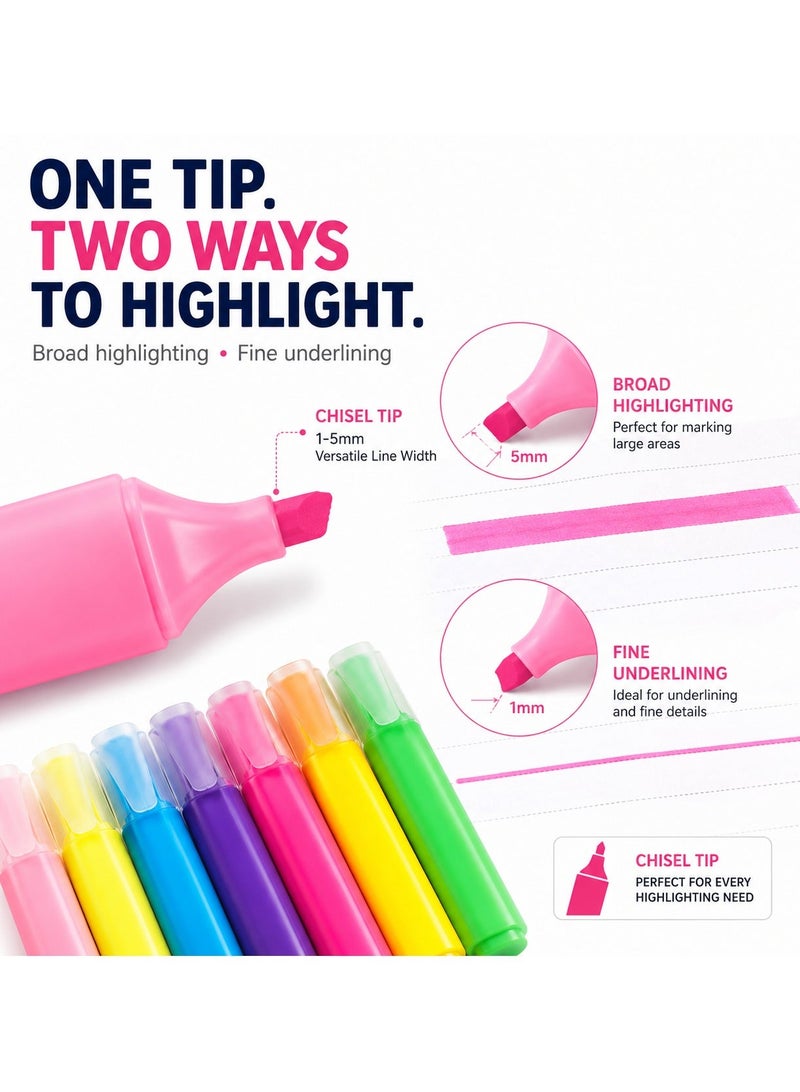 Lukadah Set of 8 Highlighter Pens – Fluorescent Chisel Tip Highlighter Markers, Quick Dry Smooth Ink for School, Office & Study Notes, Ideal for Books, Journals, Planners & Documents, Multicolour - Image 2