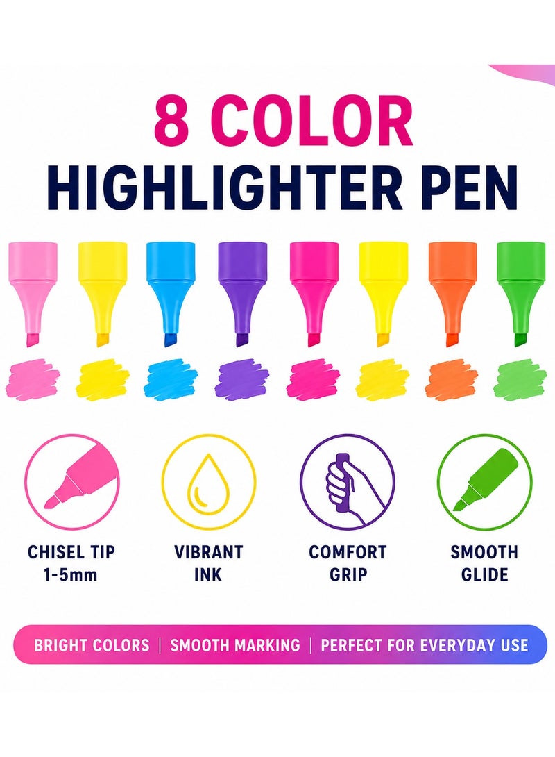 Lukadah Set of 8 Highlighter Pens – Fluorescent Chisel Tip Highlighter Markers, Quick Dry Smooth Ink for School, Office & Study Notes, Ideal for Books, Journals, Planners & Documents, Multicolour - Image 3