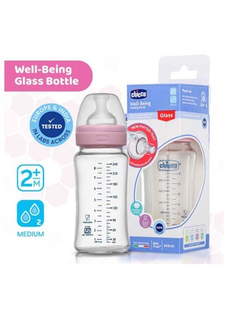 Well-Being Glass Feeding Bottle (240ml, Medium Flow) (Pink) 2M+ - view 2