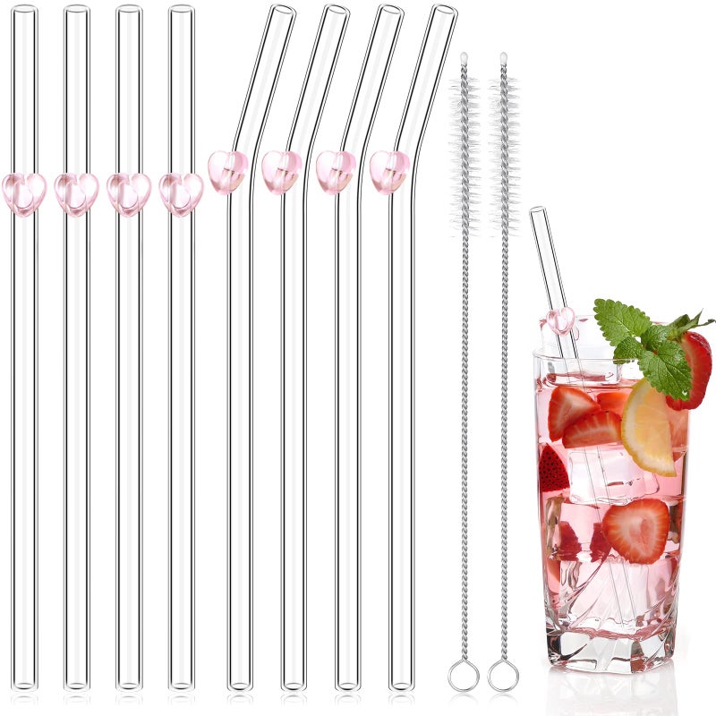 Yinkin 8 Pcs Reusable Glass Straws Cute Heart Glass Straw 8 Bend with 2 Cleaning Brushes for Drinking Cocktail Coffee Smoothies Milkshake Frozen Drinks Tea Juice Aesthetic Gift Shatter Resistant