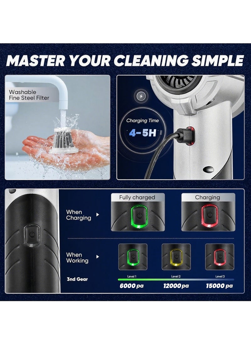إيسي مكنسة كهربائية للسيارةمكنسة كهربائية محمولة باليد للسيارة، مكنسة كهربائية صغيرة لاسلكية بقوة 15000 باسكال، مكنسة كهربائية عالية الطاقة قابلة لإعادة الشحن مع فوهات متعددة للاستخدام في المنزل والمكتب والحيوانات الأليفة والمركبات - Image 3