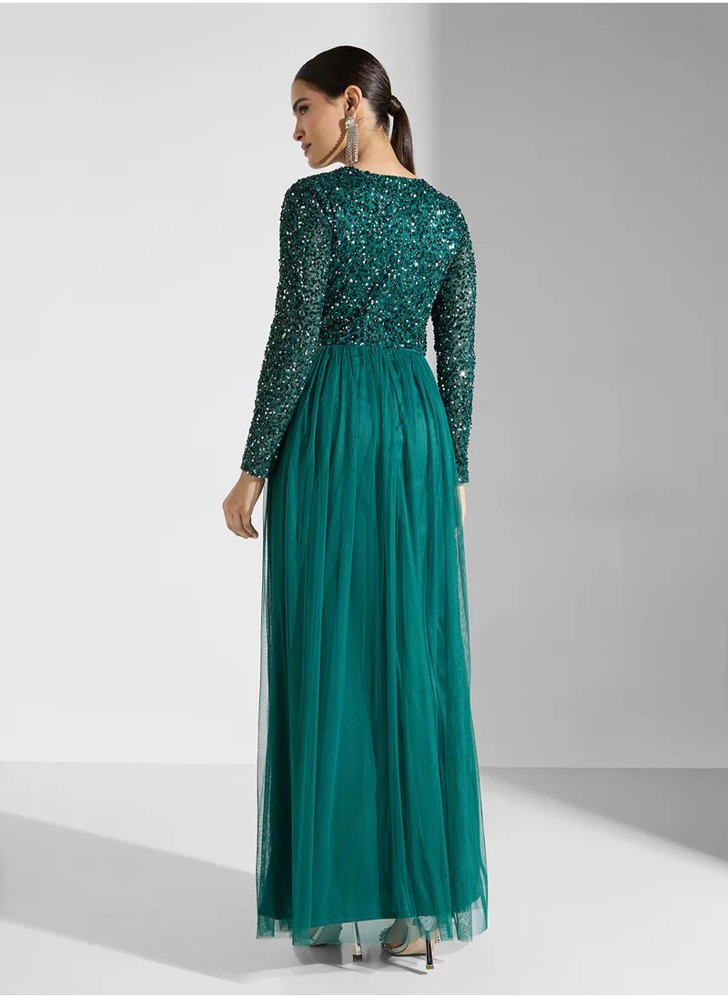 Lace and Beads Crew Neck Sequin Maxi Dress