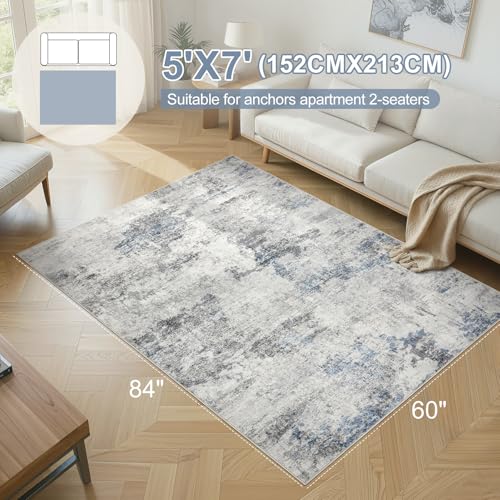 DMOYEST Living Room Area Rugs - 5x7 Abstract Large Soft Indoor Washable Rug Neutral Modern Low Pile Carpet for Bedroom Dining Room Farmhouse Home Office - Grey Blue - Image 2