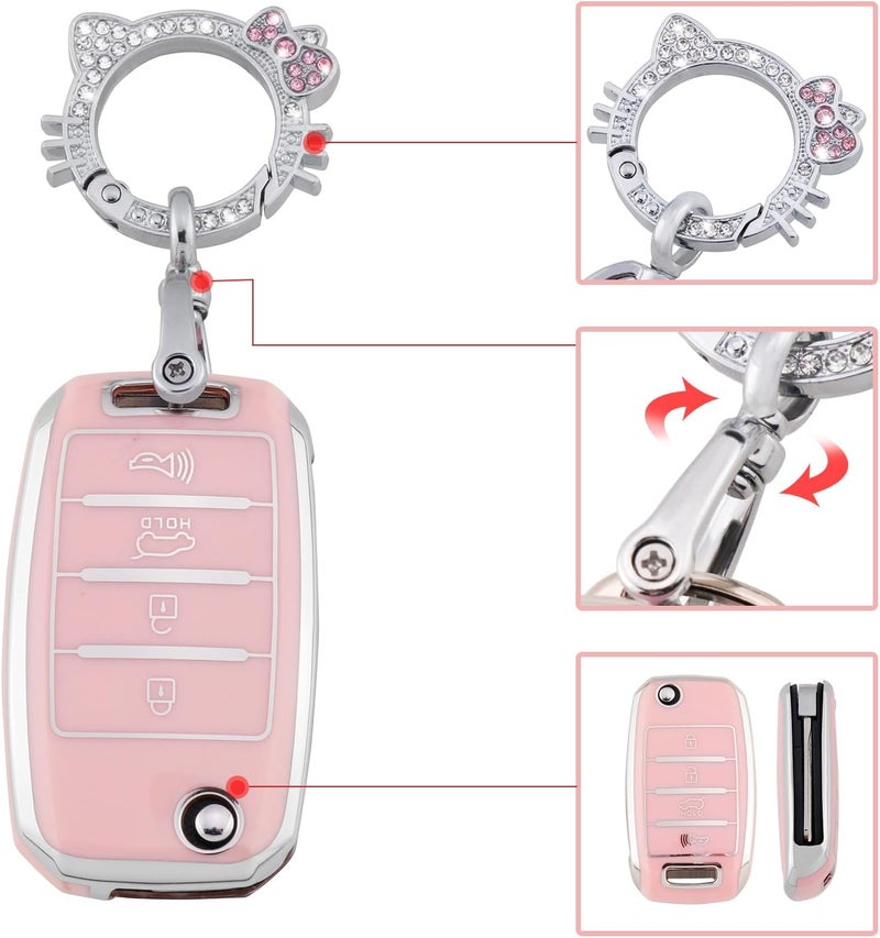 PANGPAI Pink Key Fob Cover for Kia, Soft TPU Key Case Protection with Bling Keychain Fit for Kia Sedona Rio Optima Soul Sportage Sorento Carens Flip Key - Image 4