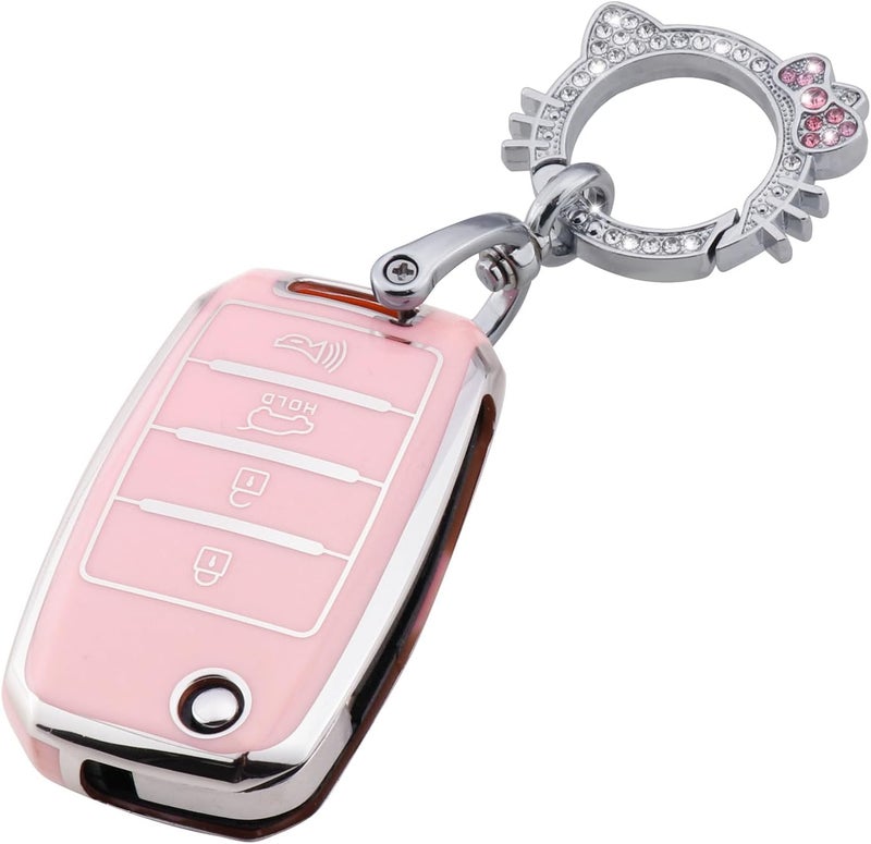 PANGPAI Pink Key Fob Cover for Kia, Soft TPU Key Case Protection with Bling Keychain Fit for Kia Sedona Rio Optima Soul Sportage Sorento Carens Flip Key - Image 1