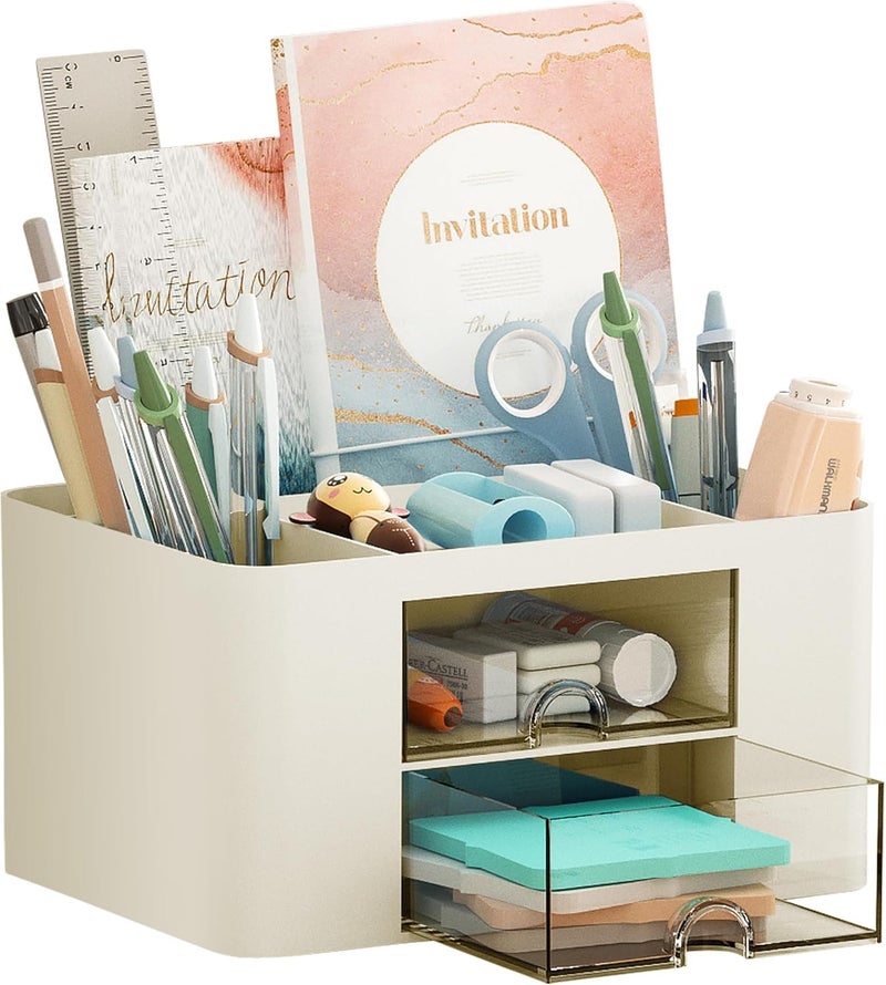 Marbrasse Pen Organizer with 2 Drawer, Multi-Functional Pencil Holder for Desk, Desk Organizers and Accessories with 5 Compartments + Drawer for Office Art Supplies (Beige) - Image 1