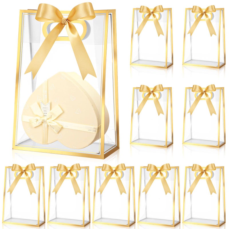 Aliceset 12 Pcs Clear Plastic Gift Bag with Die Cut Handles Reusable PP Favor Bag with Ribbon for Graduation Wedding Bridal Birthday Baby Shower Party Small Business, 7x10x3.15 Inch(Gold) - Image 1