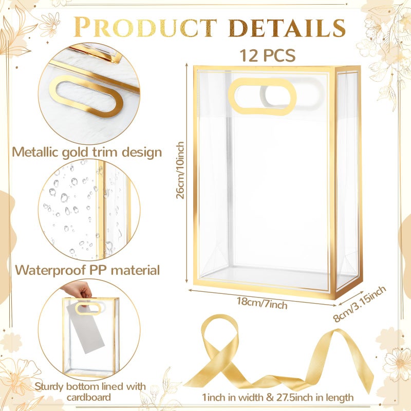 Aliceset 12 Pcs Clear Plastic Gift Bag with Die Cut Handles Reusable PP Favor Bag with Ribbon for Graduation Wedding Bridal Birthday Baby Shower Party Small Business, 7x10x3.15 Inch(Gold) - Image 2