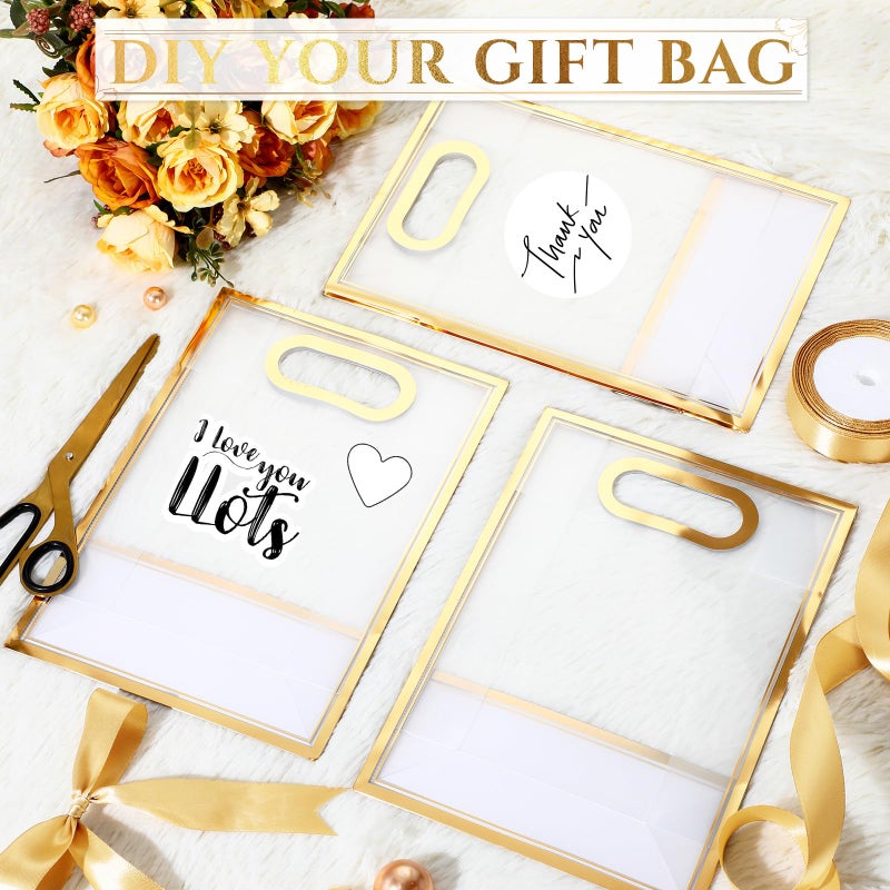 Aliceset 12 Pcs Clear Plastic Gift Bag with Die Cut Handles Reusable PP Favor Bag with Ribbon for Graduation Wedding Bridal Birthday Baby Shower Party Small Business, 7x10x3.15 Inch(Gold) - Image 3