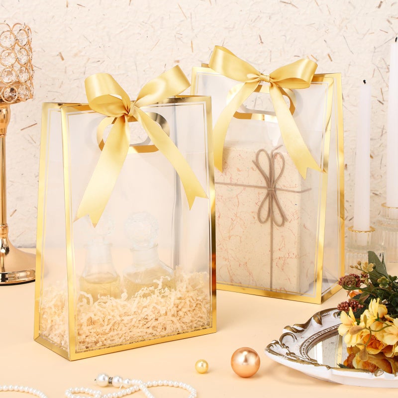 Aliceset 12 Pcs Clear Plastic Gift Bag with Die Cut Handles Reusable PP Favor Bag with Ribbon for Graduation Wedding Bridal Birthday Baby Shower Party Small Business, 7x10x3.15 Inch(Gold) - Image 4