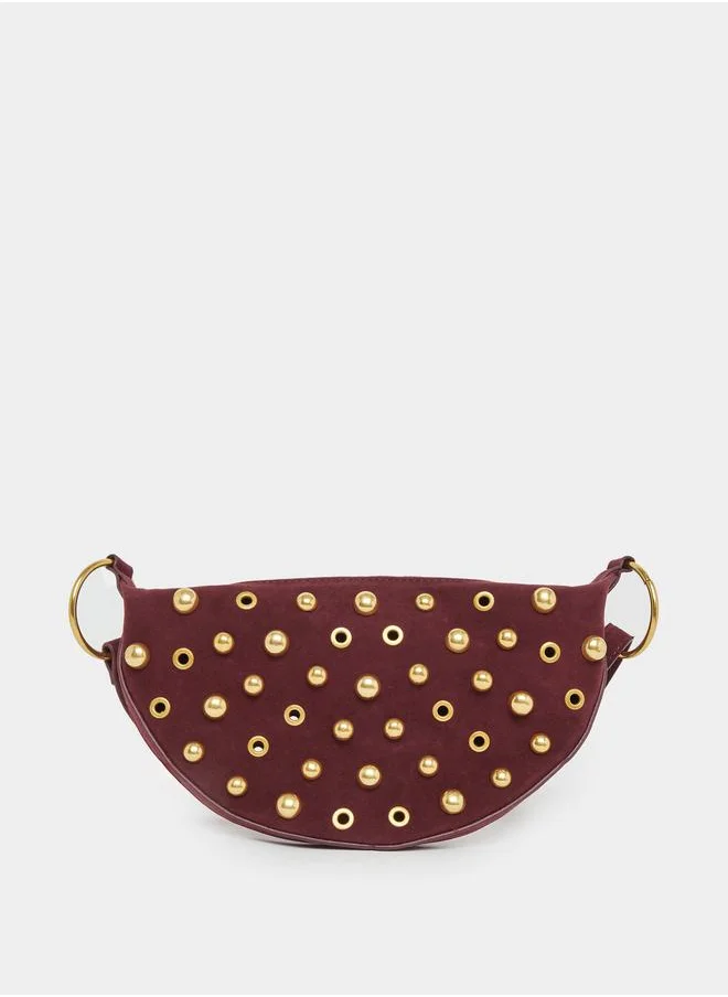 Styli Styli Studded Half Moon Shoulder Bag with Zip Closure