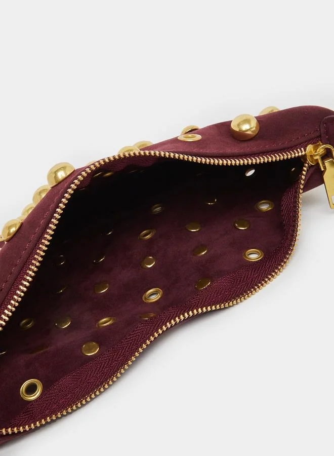 Styli Styli Studded Half Moon Shoulder Bag with Zip Closure